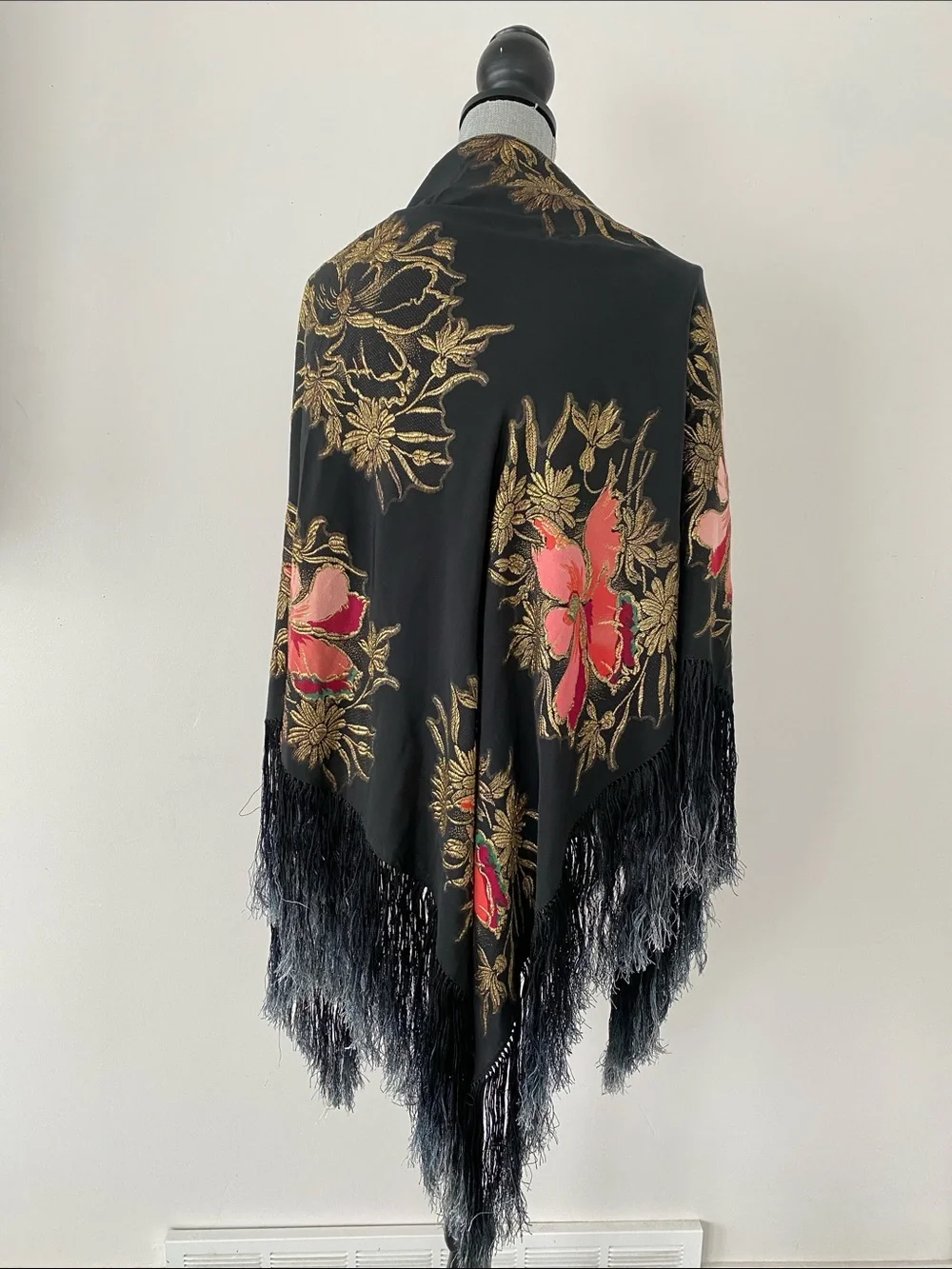 Artisan 100% Silk Embroidered Shawl Hand-Rolled Hem Hand-Knotted Fringe